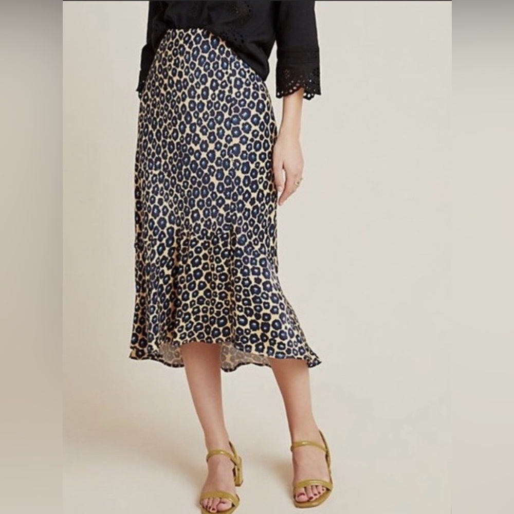 Anthropologie Maeve Koko bias cut Navy and Cream Leopard-Spot Midi Skirt